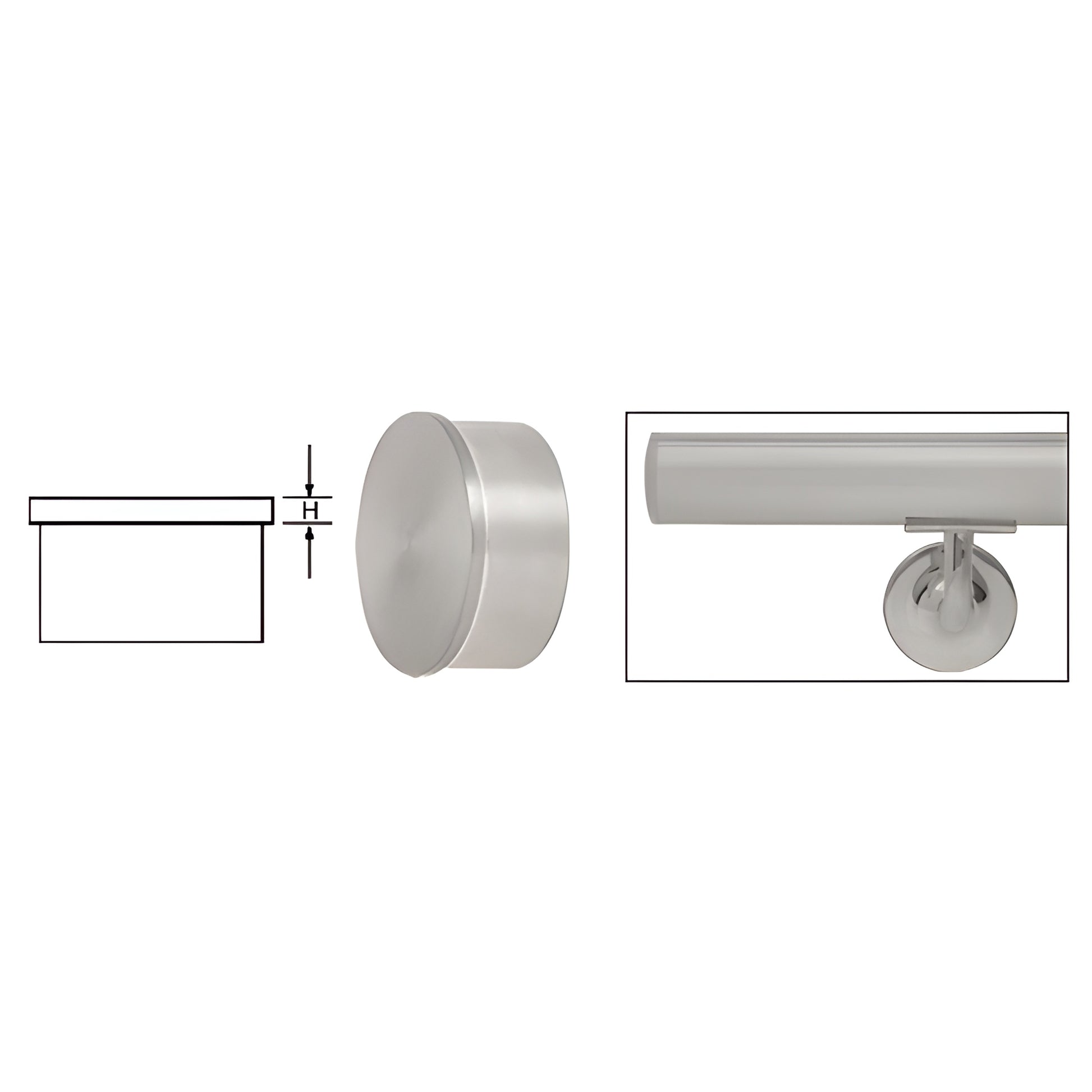 HR15FBS brushed stainless steel 1-1/2 in. round tubing end cap, 1/8 in. thick - side and installed views