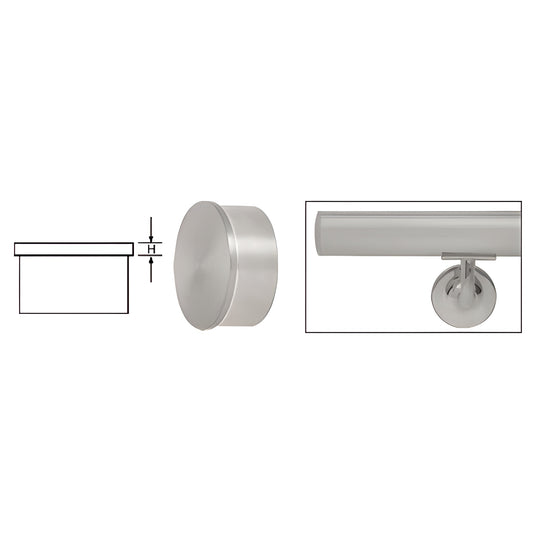 HR15FBS brushed stainless steel 1-1/2 in. round tubing end cap, 1/8 in. thick - side and installed views