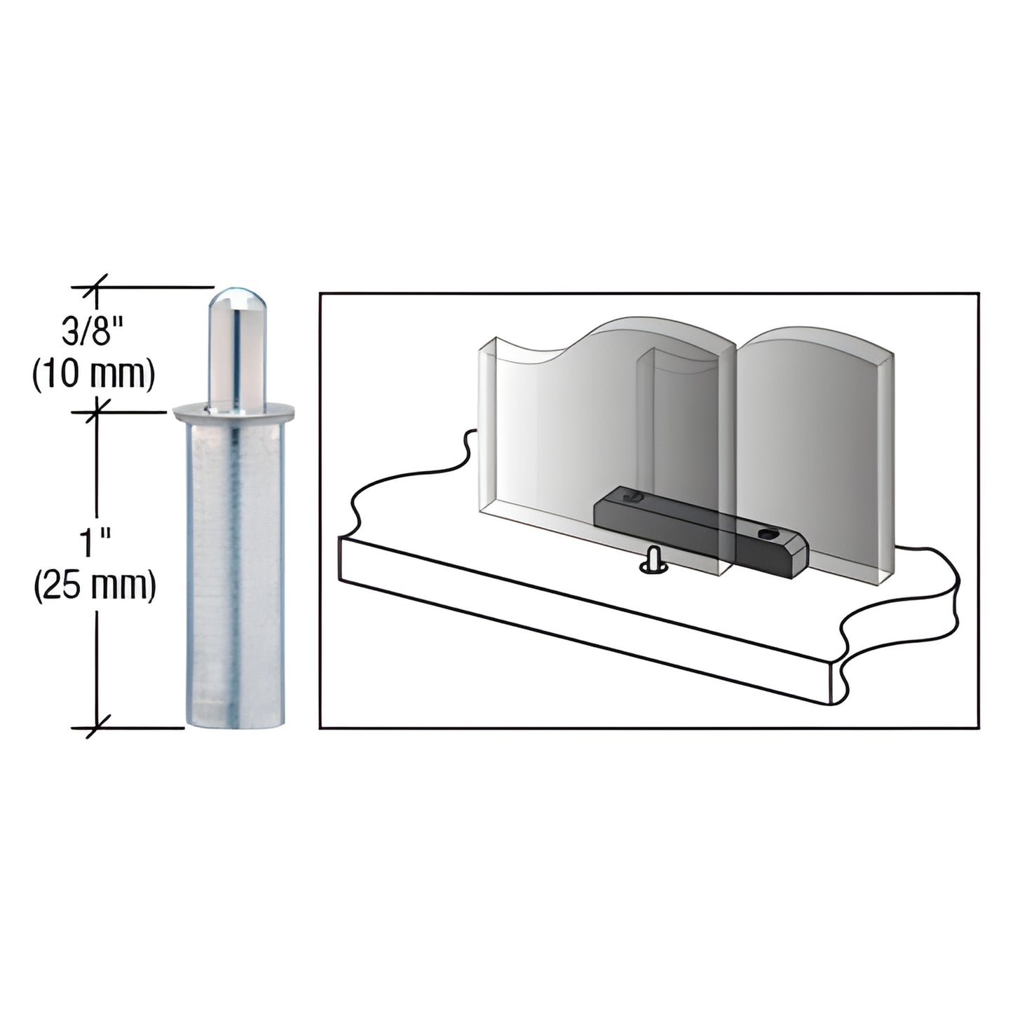 CRL D35 aluminum retractable lower guide, spring-loaded metal tip for sliding panels, 1 in body and 3/8 in tip.