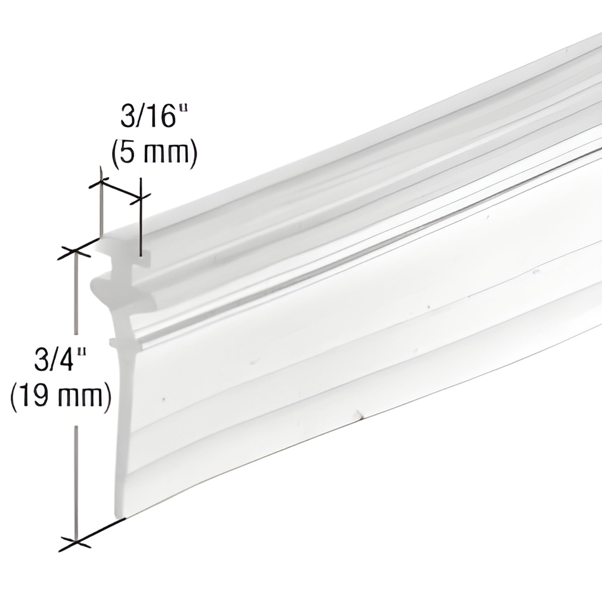 Clear vinyl T-sweep for hinged shower door, 3/4 in (19 mm) x 3/16 in (5 mm), SKU M6228