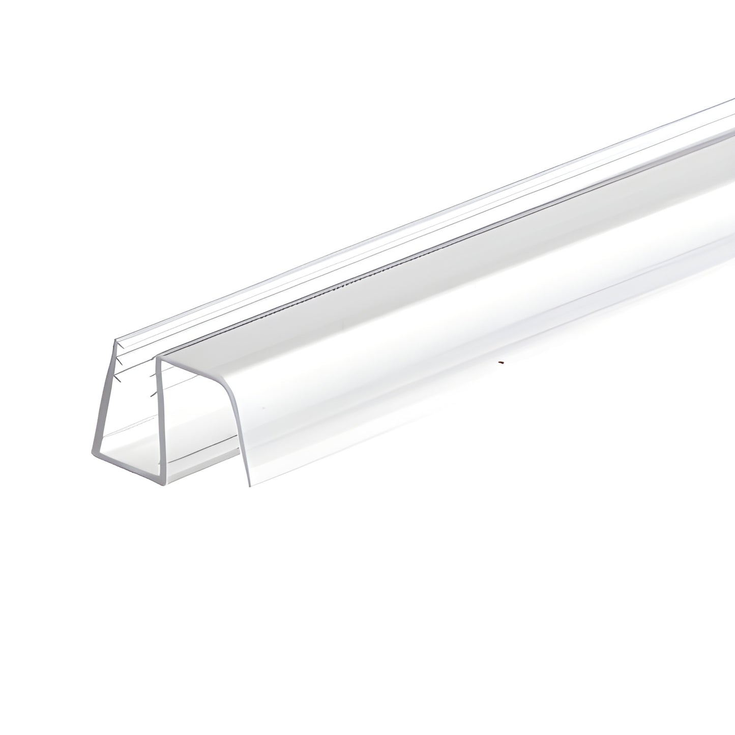 CRE78SB Crescent frameless sliding shower hardware in satin brass - top round rollers and header on clear glass.