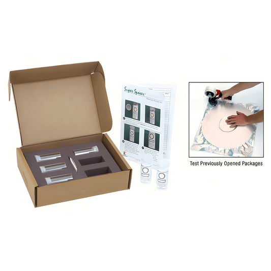 DTK1 Super Spacer desiccant test kit - open cardboard box with test vials, instruction sheet and sample foil package.