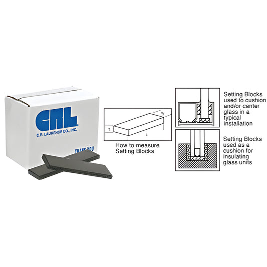 SB562 black neoprene glass setting blocks with white CRL box, 2 in. long 1/2 in. wide, shown with installation diagrams