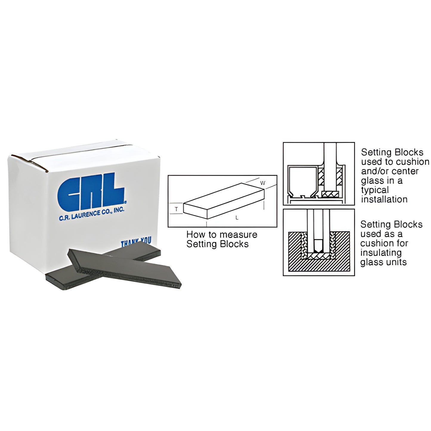 SB580 black neoprene glass setting blocks (4in) with white CRL box and installation diagrams.