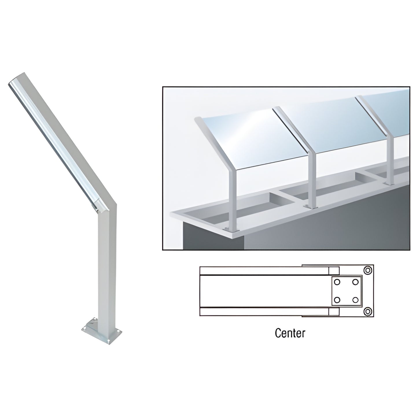D999AC counter-mounted aluminum sneeze guard post, satin anodized, 45 degree slant, center post for 1/4" glass, 14 in high