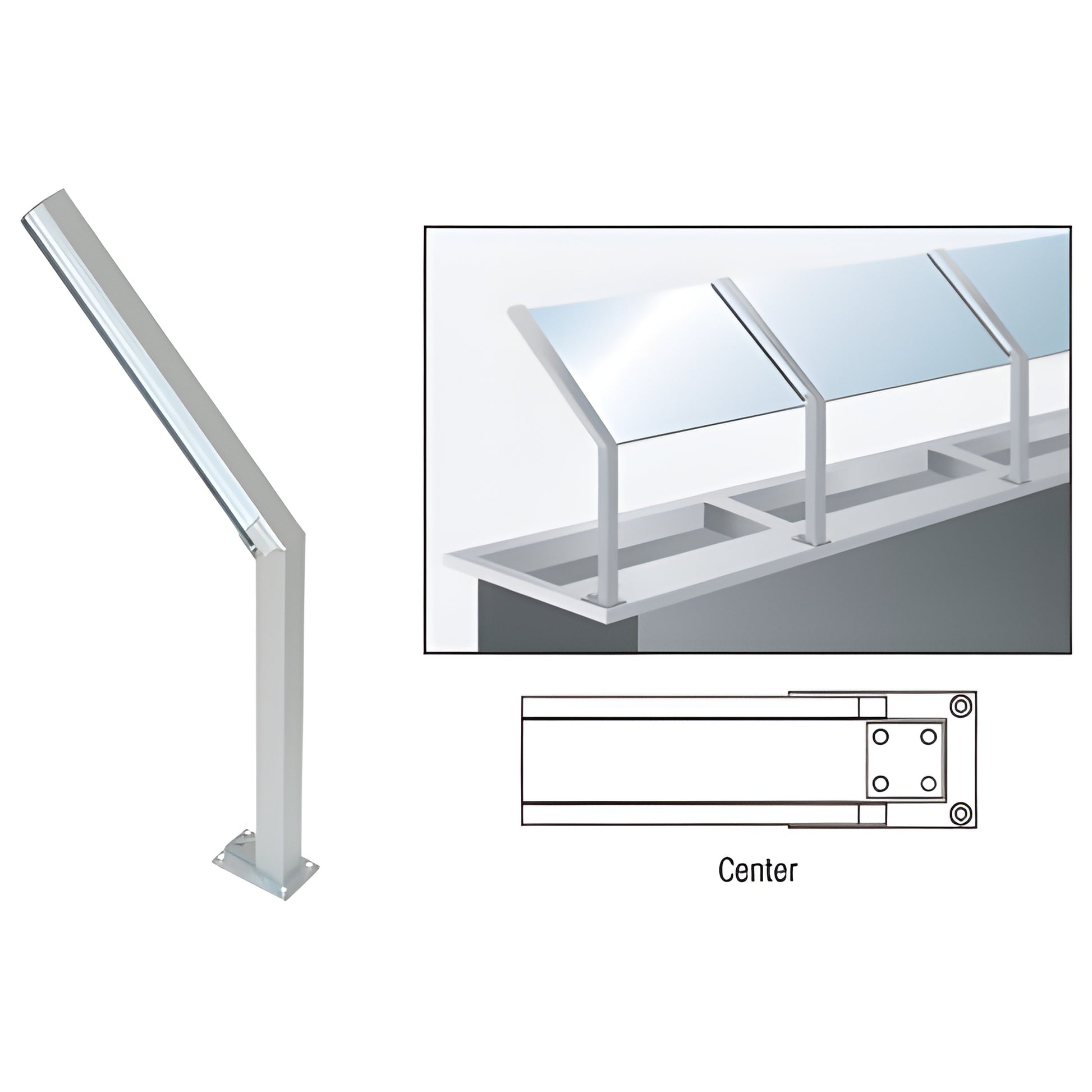 D999AC counter-mounted aluminum sneeze guard post, satin anodized, 45 degree slant, center post for 1/4" glass, 14 in high
