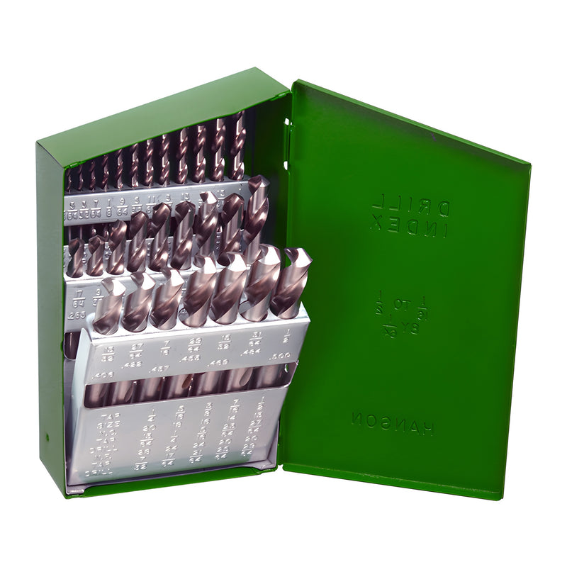 29-piece fractional drill bit set in green metal case, jobber-length bits with size-indexed steel racks