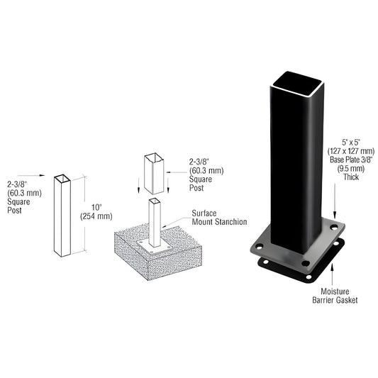 Matte black 11 2"x2" stainless steel stanchion with 5"x5" base plate & moisture gasket, for 2 3/8" posts (SKU PST5BPBL)