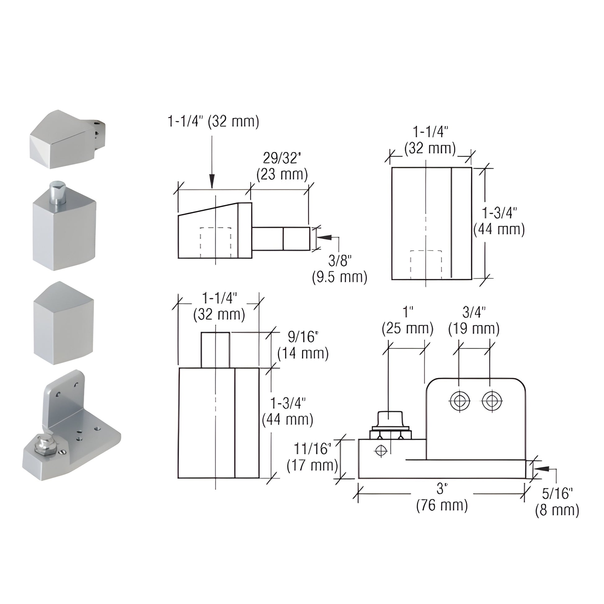 CRL offset pivot set OP25 (SKU 0P25RHA), aluminum pivot hardware and components shown with technical measurements.