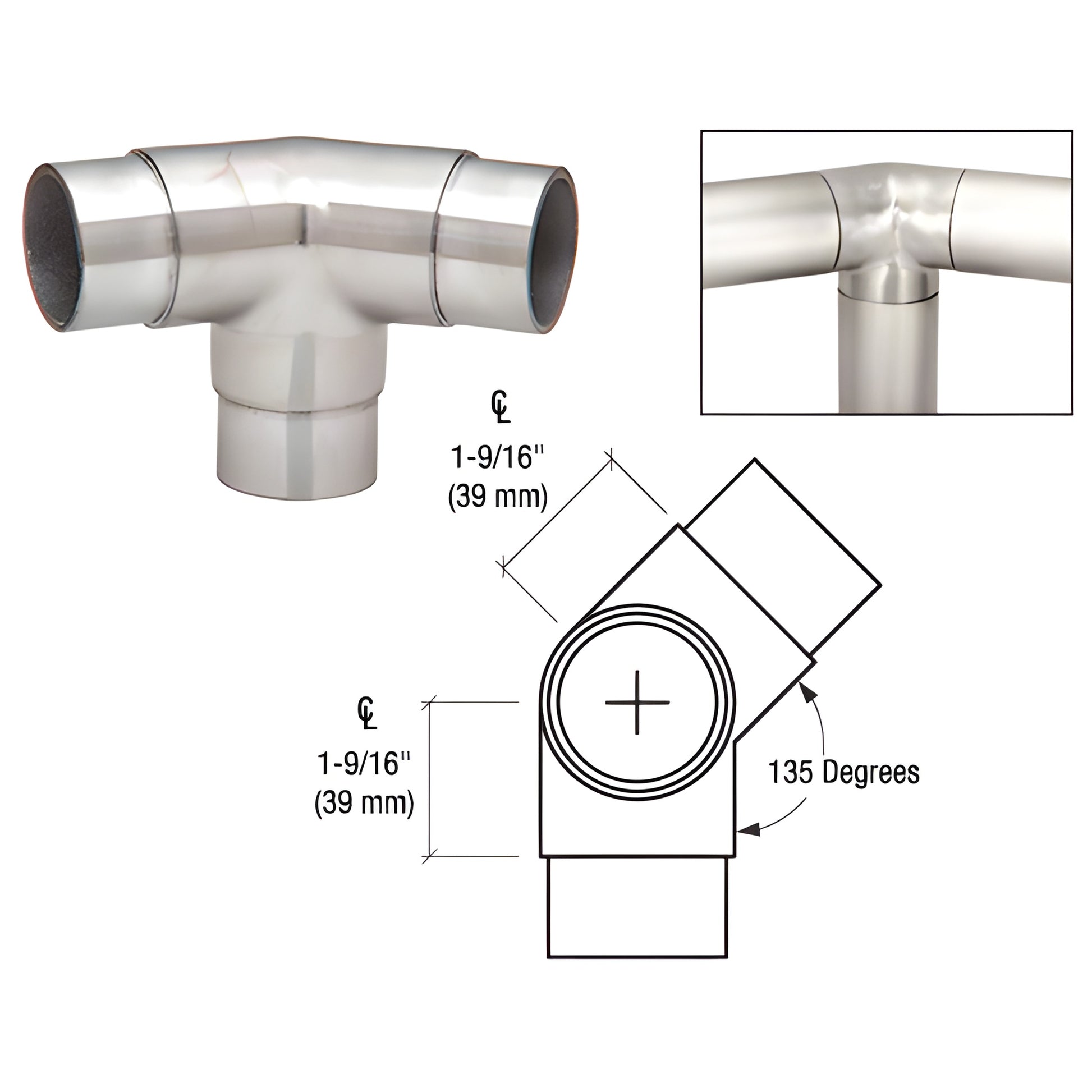HR20PPS 135 polished stainless side-outlet elbow for HR20 handrail tubing, 2-9/16" (65mm) centerline