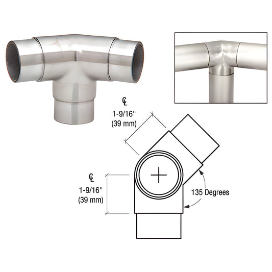 HR20PPS 135 polished stainless side-outlet elbow for HR20 handrail tubing, 2-9/16" (65mm) centerline