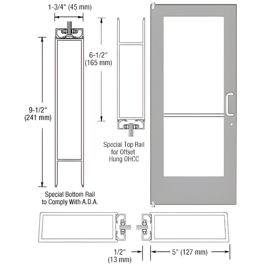 Clear anodized commercial wide-stile storefront entrance door, 5 in stiles, 9-1/2 in ADA bottom rail, fits 1/4 in tempered gl