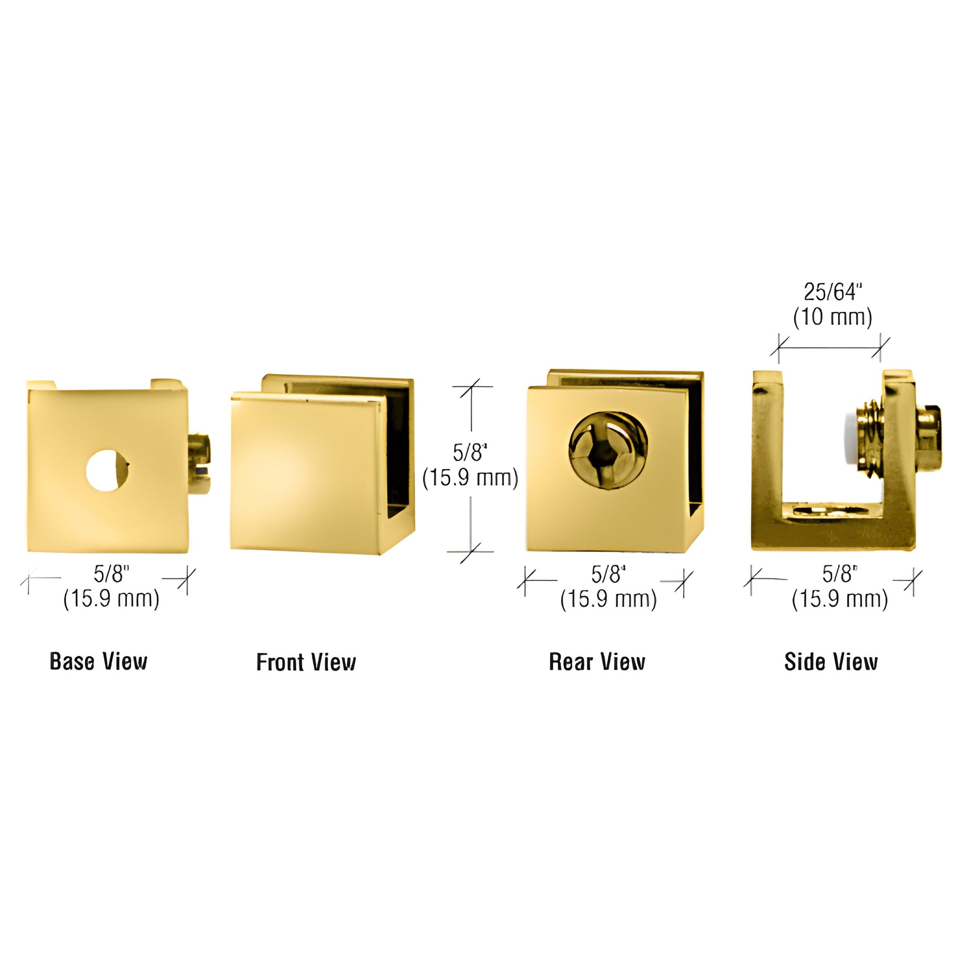 EH28 polished brass set-screw glass clamp, 5/8 in square, fits 1/4-5/16 in glass, no-drill install, pack of 10