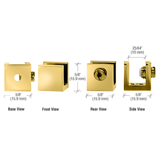 EH28 polished brass set-screw glass clamp, 5/8 in square, fits 1/4-5/16 in glass, no-drill install, pack of 10