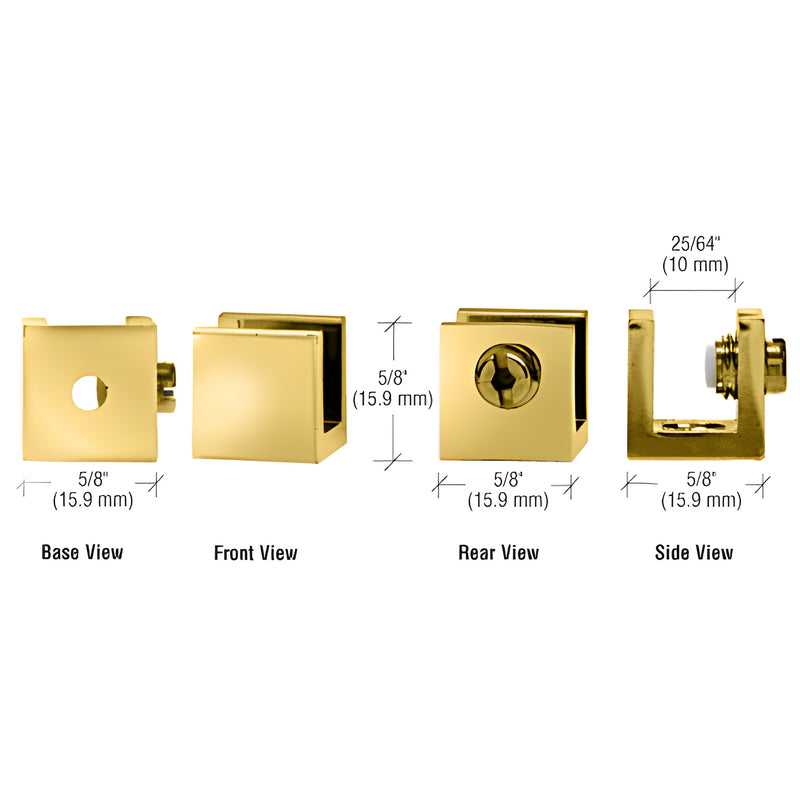 EH28 polished brass set-screw glass clamp, 5/8 in square, fits 1/4-5/16 in glass, no-drill install, pack of 10