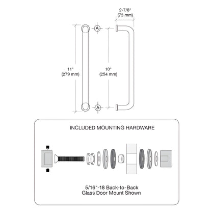 Polished stainless steel rectangular glass door pull handle, back-to-back, 10 in. c to c, for 3/8-3/4 in. glass (SKU CM10X10P