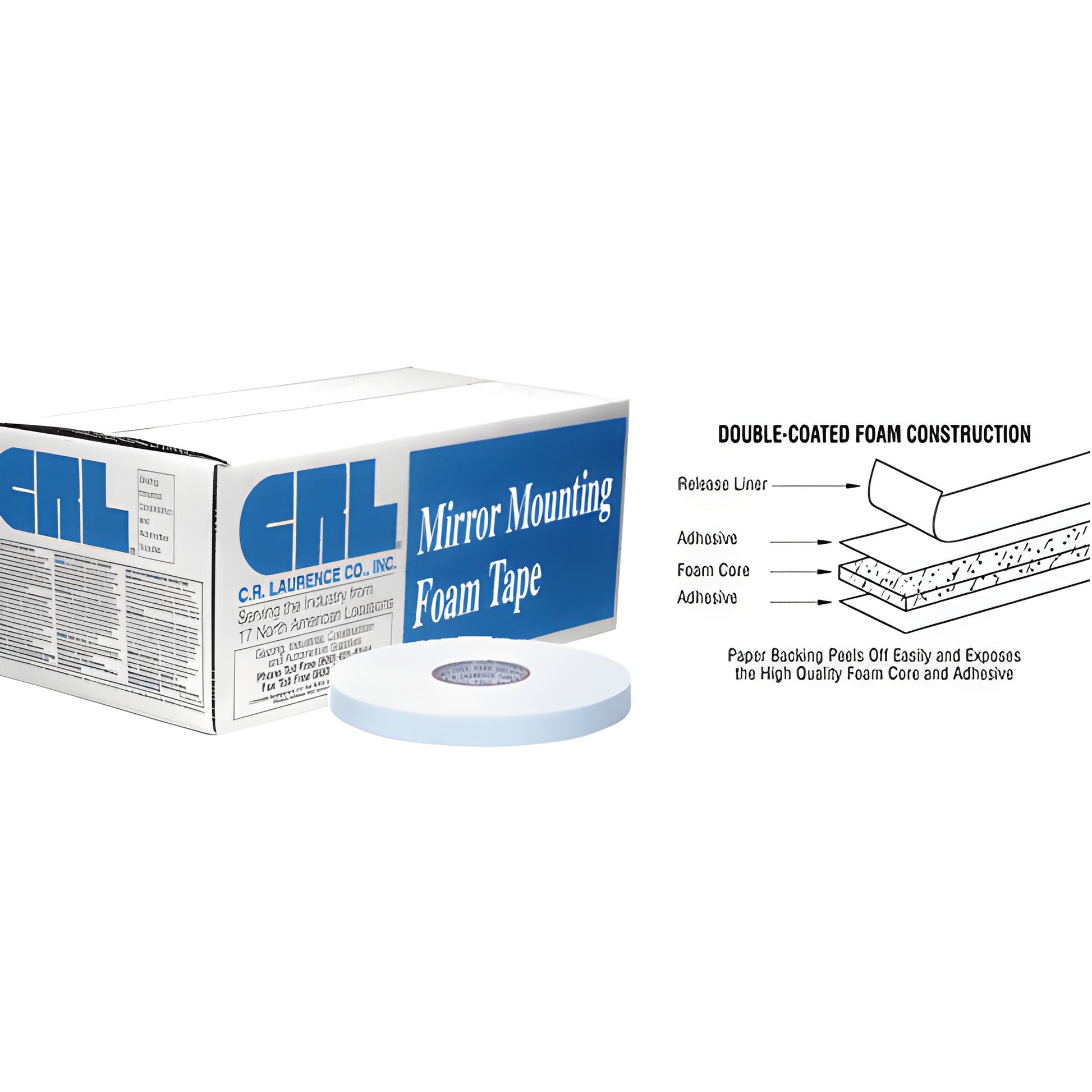 CRL mirror mounting foam tape roll and box (white), double-coated foam tape with layered diagram - SKU CRL211612