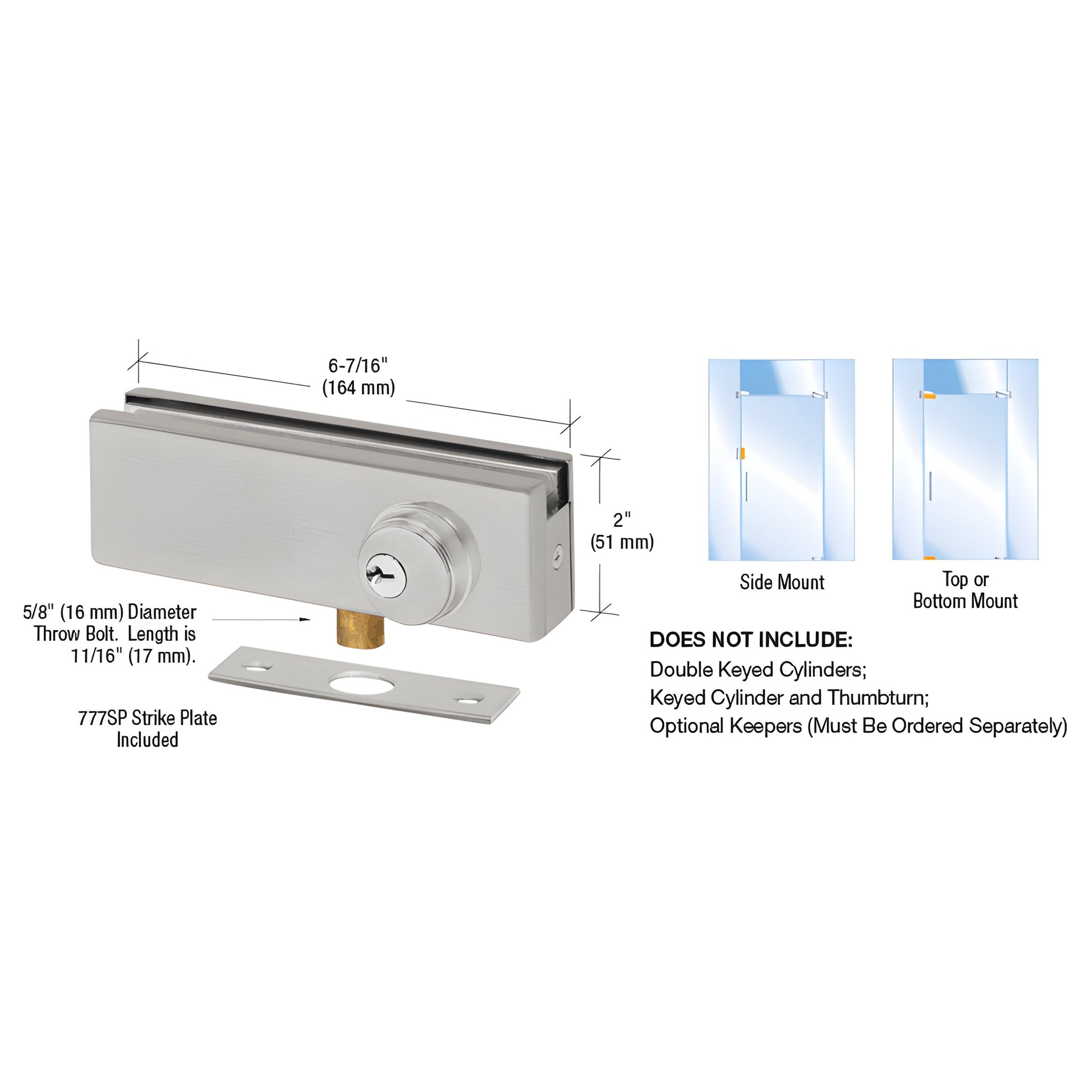 Brushed stainless glass patch lock AMR205BS, 6-7/16 2 in, fits 3/8-1/2" glass, includes strike plate