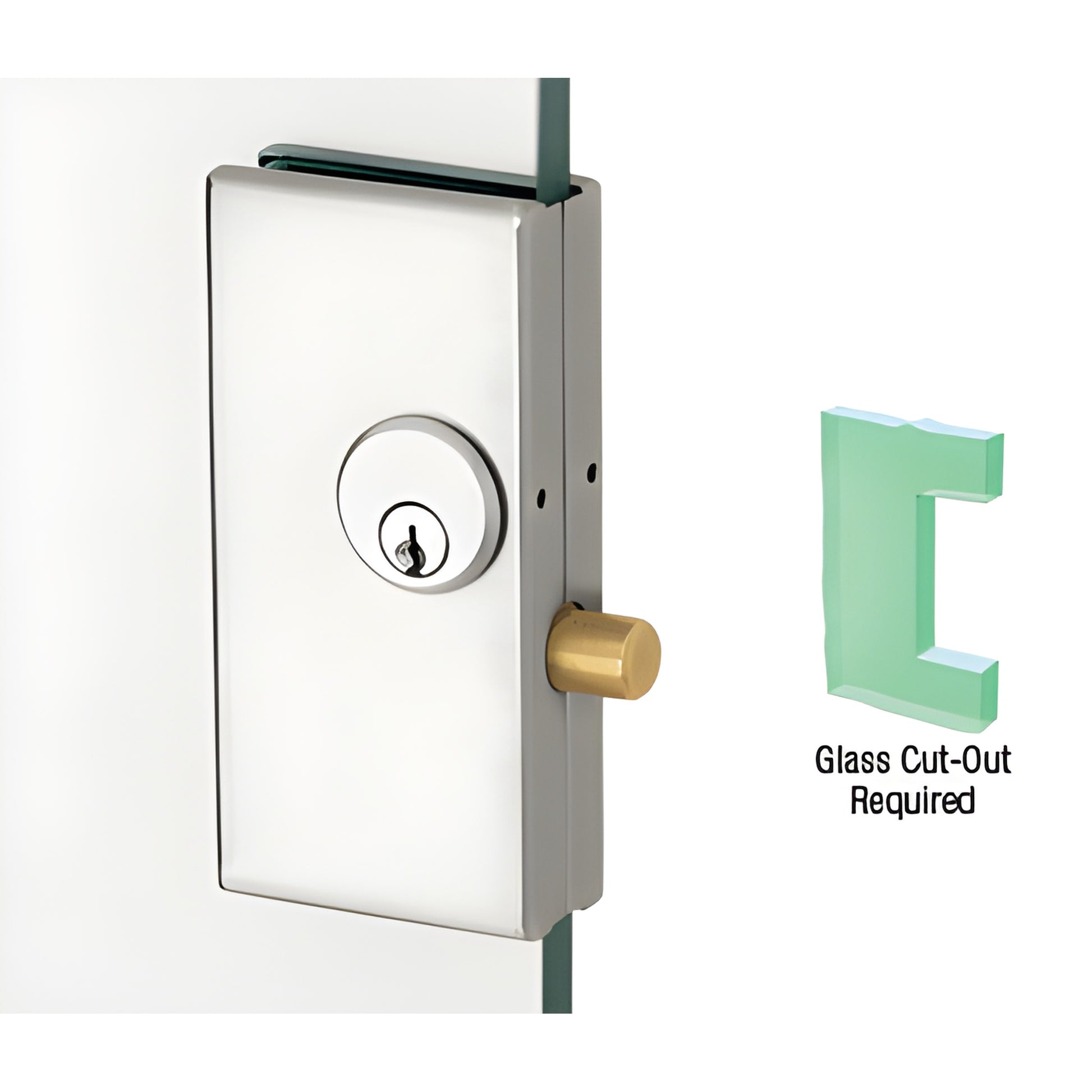 DT36SA satin-anodized low-profile center lock on tempered glass door, rectangular housing with key cylinder.