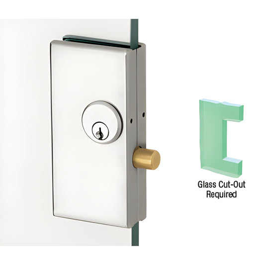 DT36SA satin-anodized low-profile center lock on tempered glass door, rectangular housing with key cylinder.