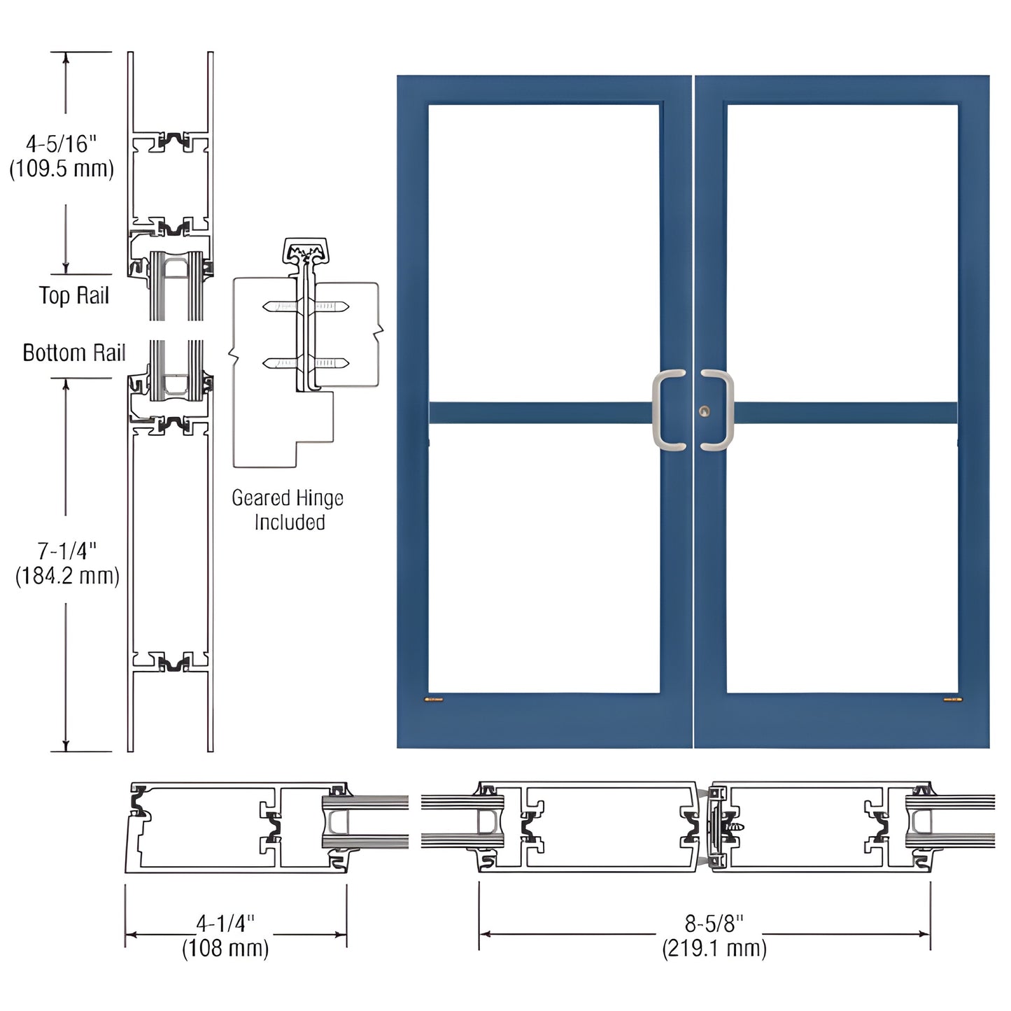 CRL Custom Medium Stile double commercial entrance door, blue Kynar finish, 4-1/4" stiles, 7-1/4" bottom rail, SKU 1Z42871