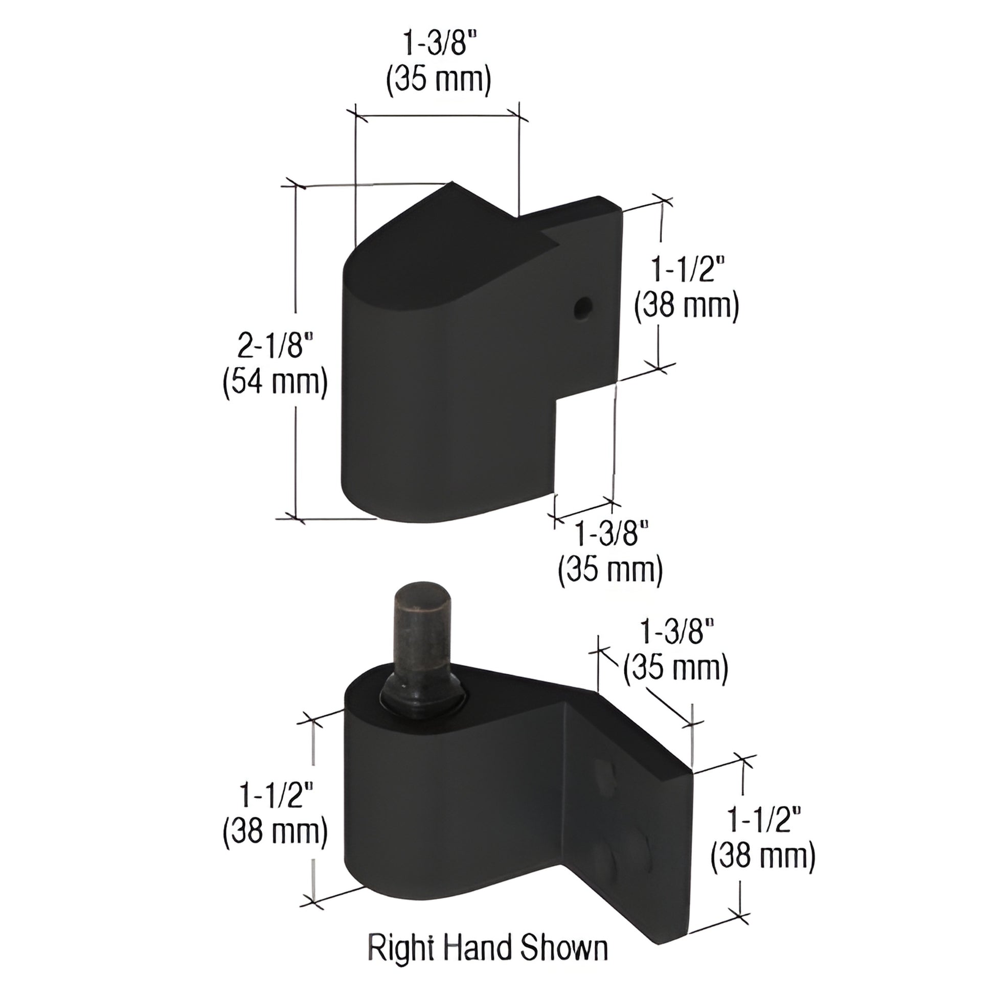 Black right-hand intermediate pivot hinge for U.S. aluminum doors (SKU DH02233R), dimensions labeled.