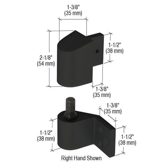Black right-hand intermediate pivot hinge for U.S. aluminum doors (SKU DH02233R), dimensions labeled.