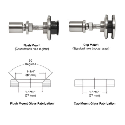 RSF10BS swivel glass attachment, 316 stainless swivel/cap fitting for 3/8-9/16" tempered glass, polished finish