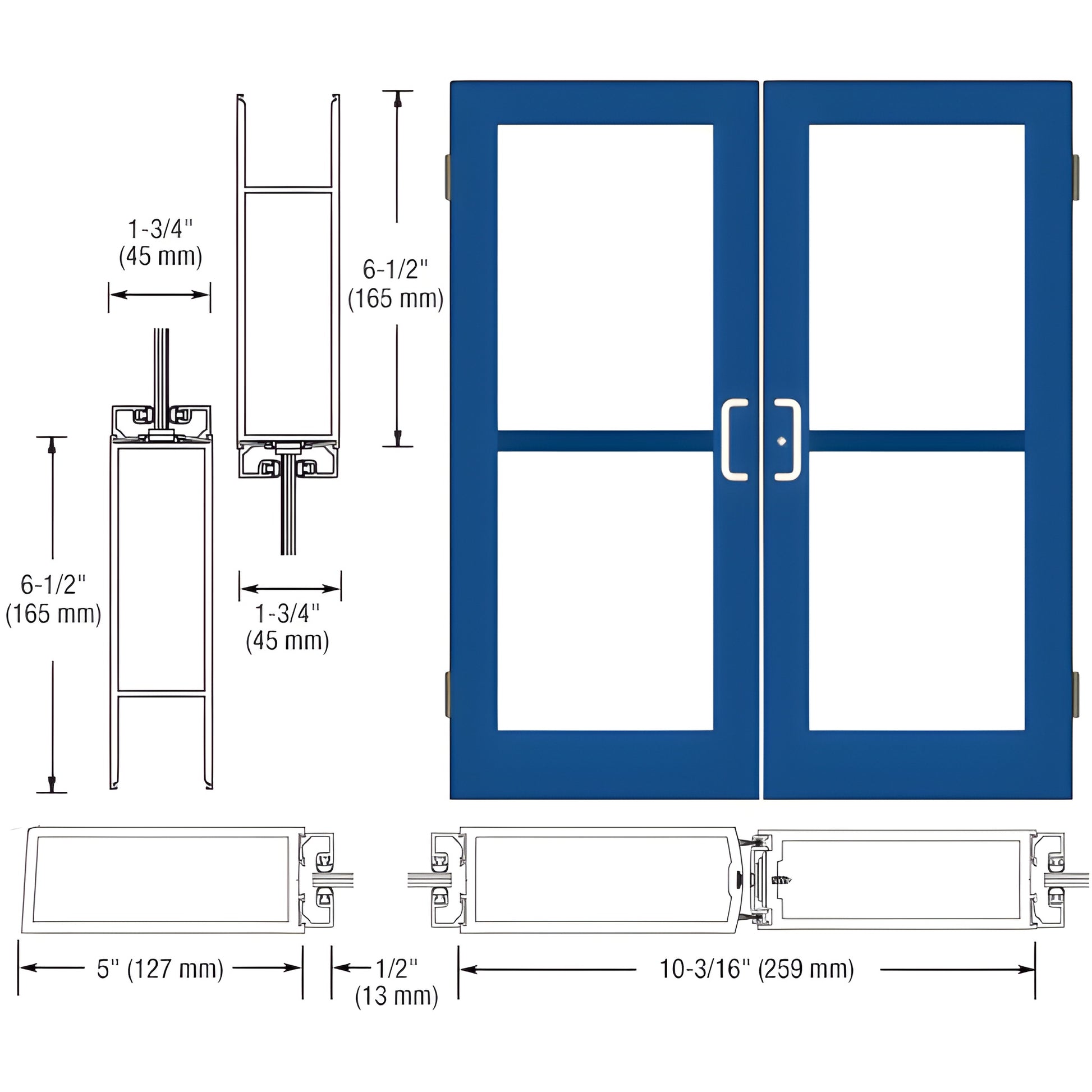 Commercial wide-stile double entrance door, blue Custom Kynar finish, 5" stiles, 61 2" bottom rail - SKU DZ52471