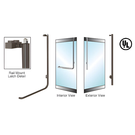 Oil-rubbed bronze tubular PA100 panic handle for 1/2-3/4 glass doors, interior push bar and exterior vertical pull, UL liste