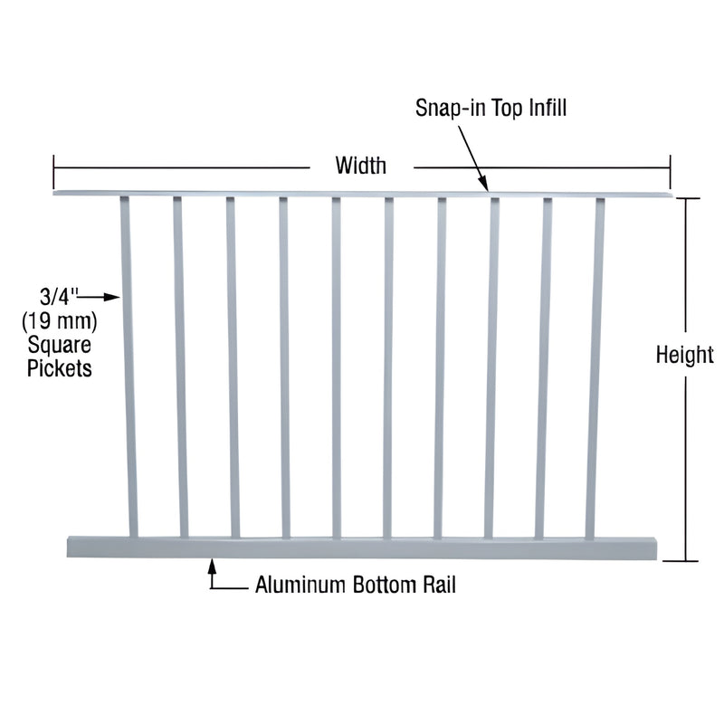 Aluminum CRL picket fence panel SKU P4842M in mill finish with 10 square pickets and snap-in top infill