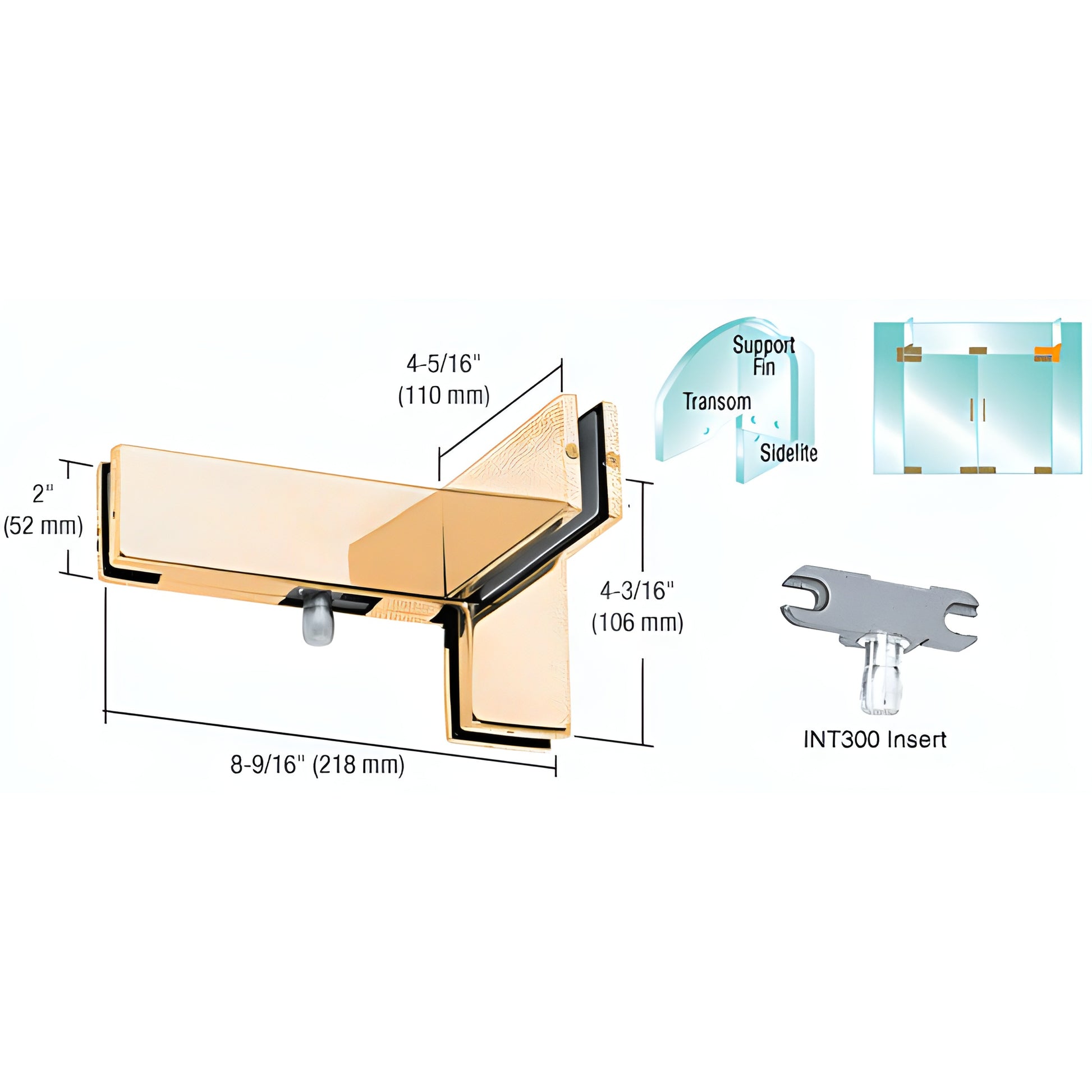 Polished brass left-hand sidelite transom patch with support fin bracket and INT300 insert (SKU PH41LBR)