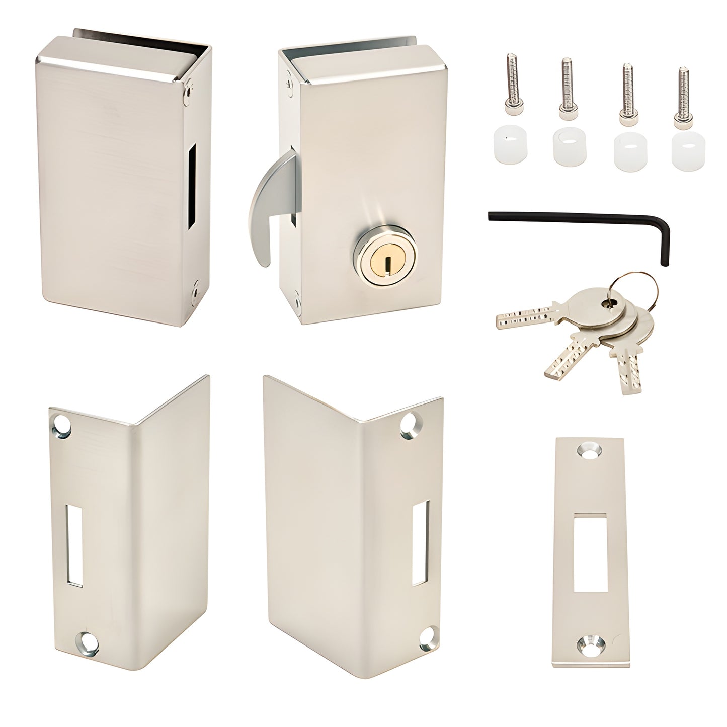 SGDLBSR brushed stainless glue-on sliding glass door lock kit with lock body, keeper, strike, keys, screws, allen wrench