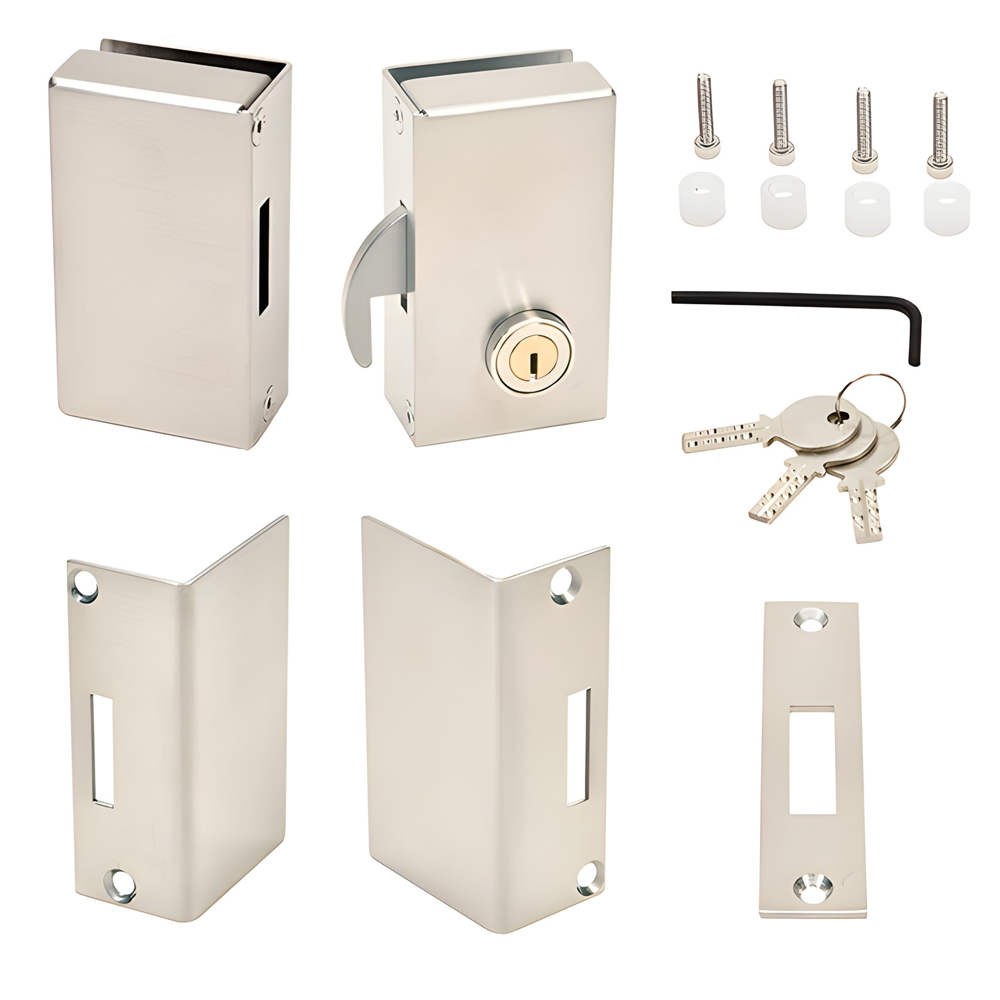 SGDLBSR brushed stainless glue-on sliding glass door lock kit with lock body, keeper, strike, keys, screws, allen wrench