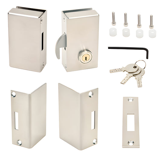 SGDLBSR brushed stainless glue-on sliding glass door lock kit with lock body, keeper, strike, keys, screws, allen wrench