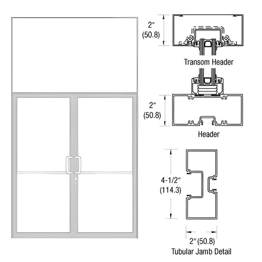 Clear anodized aluminum transom frame for 72x84 double butt-hinge door with tubular jamb and profile diagrams.