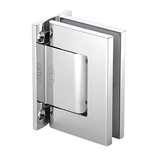 H8010CH polished chrome full-back wall hinge for 5/16-9/16" glass doors, oil-damped self-closing with 90 hold-open.