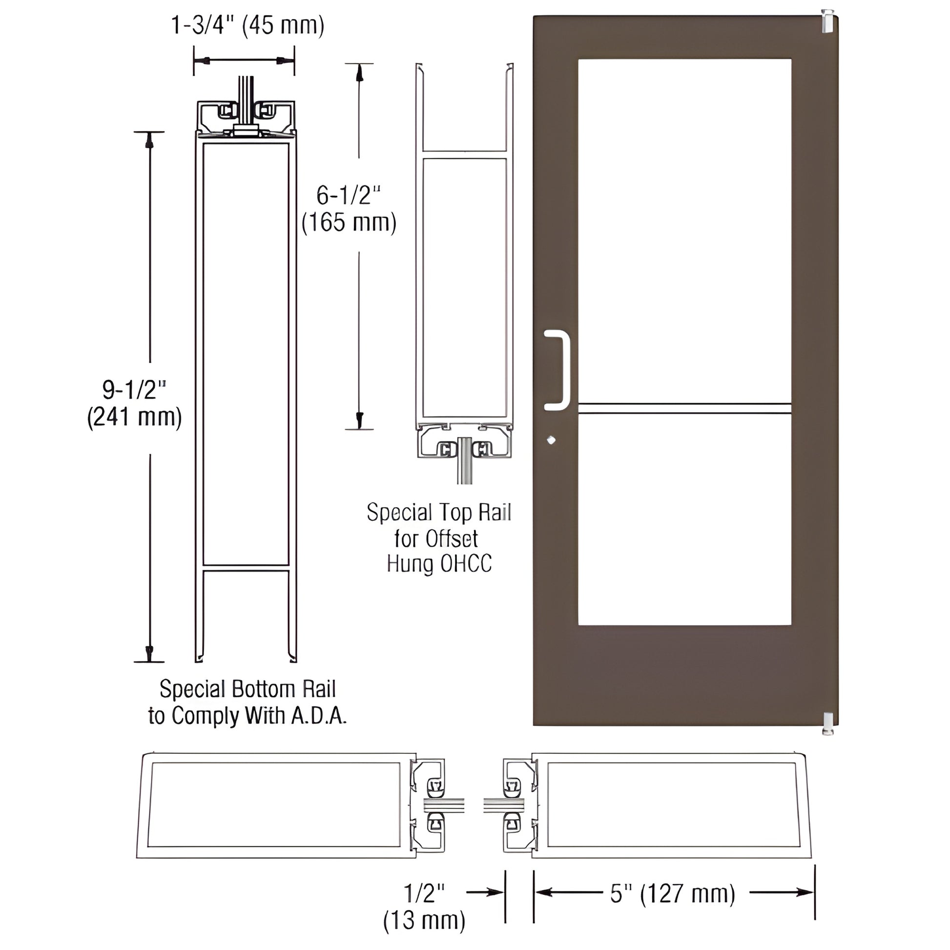 Black bronze anodized wide-stile entrance door SKU CD51122L036090, 5" stiles, 9-1/2" ADA bottom rail, glass-ready