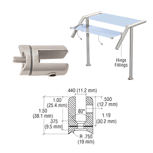 SA61BS brushed stainless swivel hinge fitting for 1/4-3/8" tempered glass, mounts to 1.5" round tubing, includes set screw