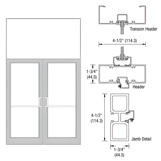 FD32811 aluminum transom frame with clear anodized finish, double storefront doors and technical jamb/header diagram.