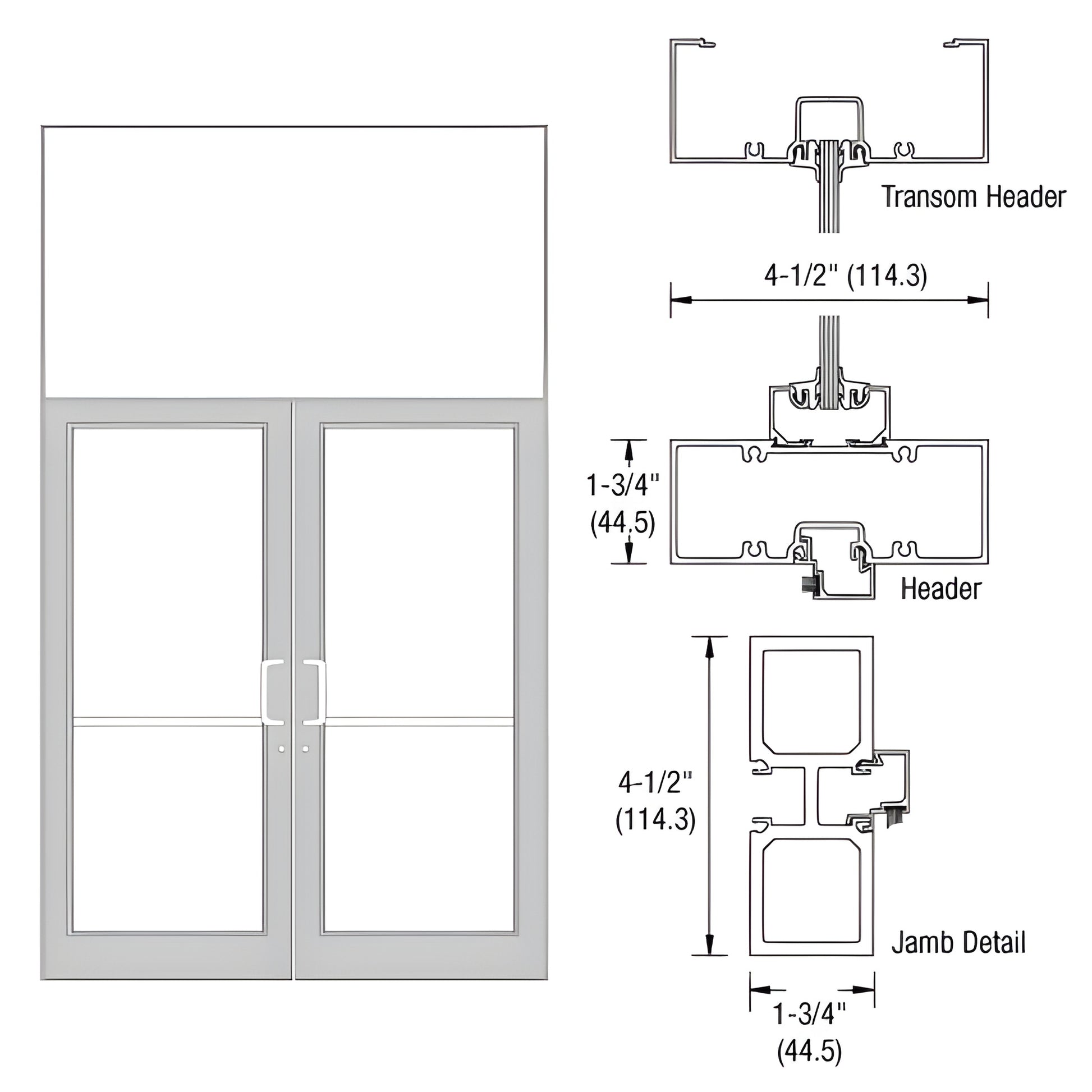 FD32511 clear anodized aluminum transom frame for 72x84 double door, with jamb and header profile diagrams