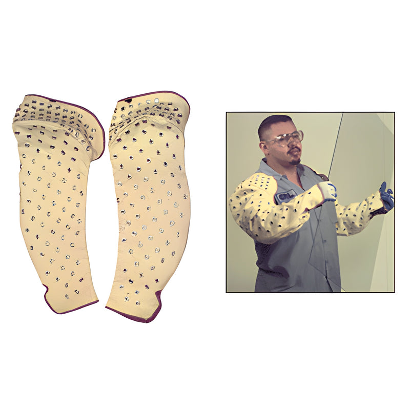 Pair of beige 27in cut-resistant fiber mesh sleeves with metal grommets, worn by worker; SKU S30KV27.