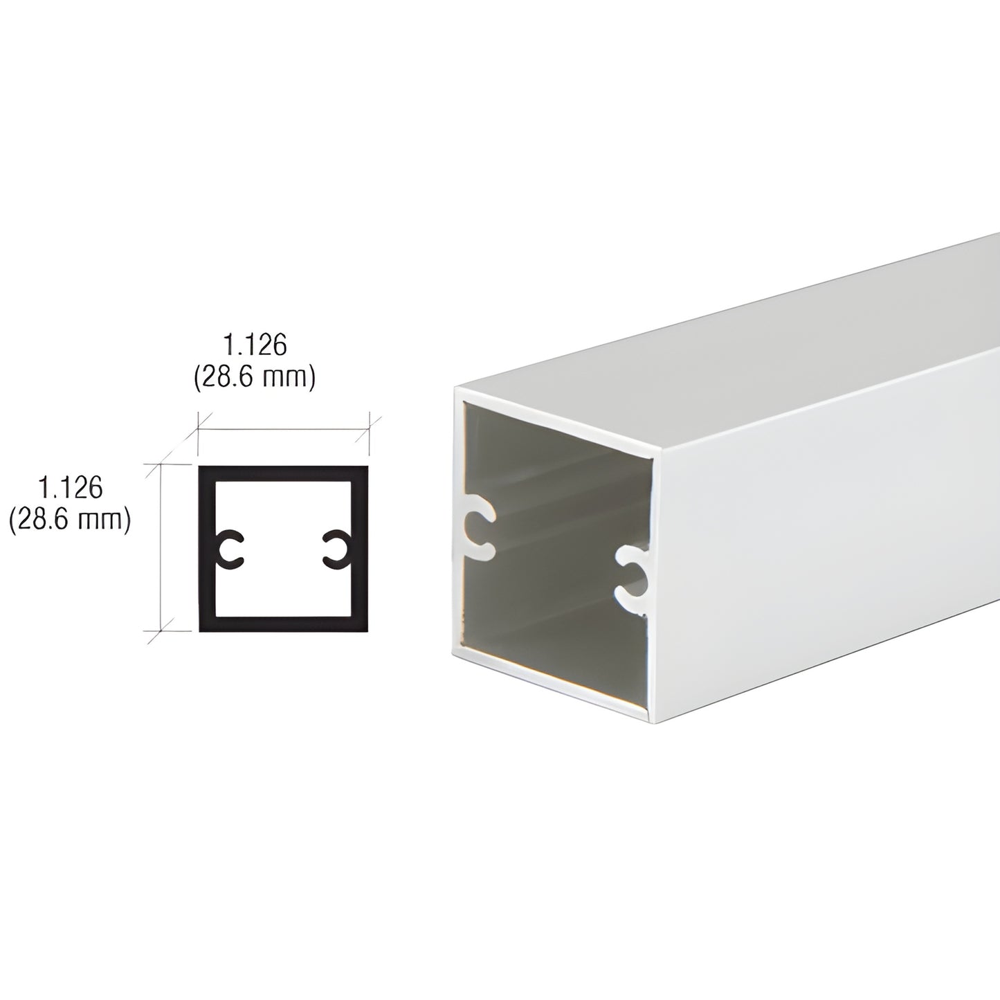 Satin anodized aluminum 12' extruded square partition post (1.126" / 28.6 mm) end view and cross-section, SKU D630A
