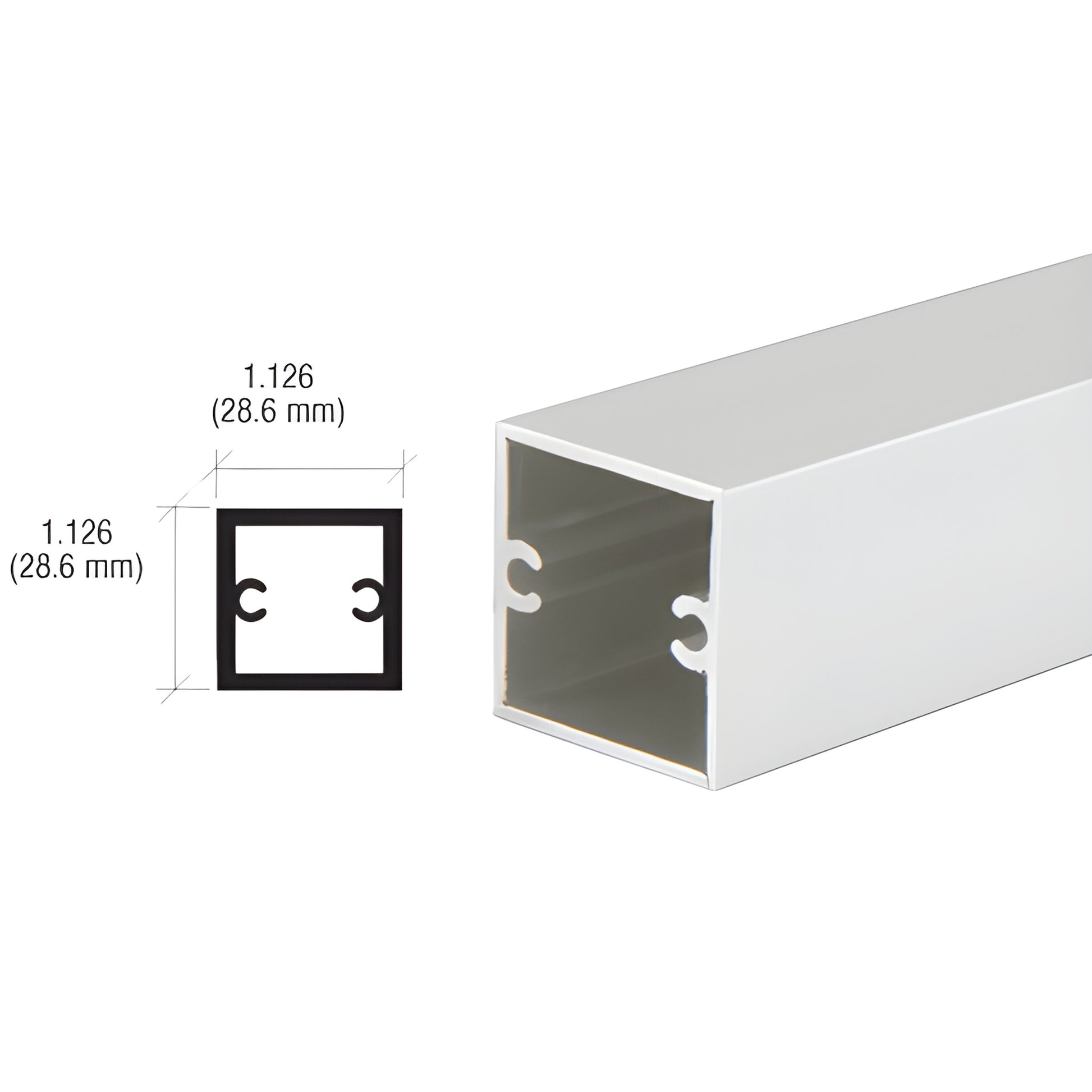 Satin anodized aluminum 12' extruded square partition post (1.126" / 28.6 mm) end view and cross-section, SKU D630A
