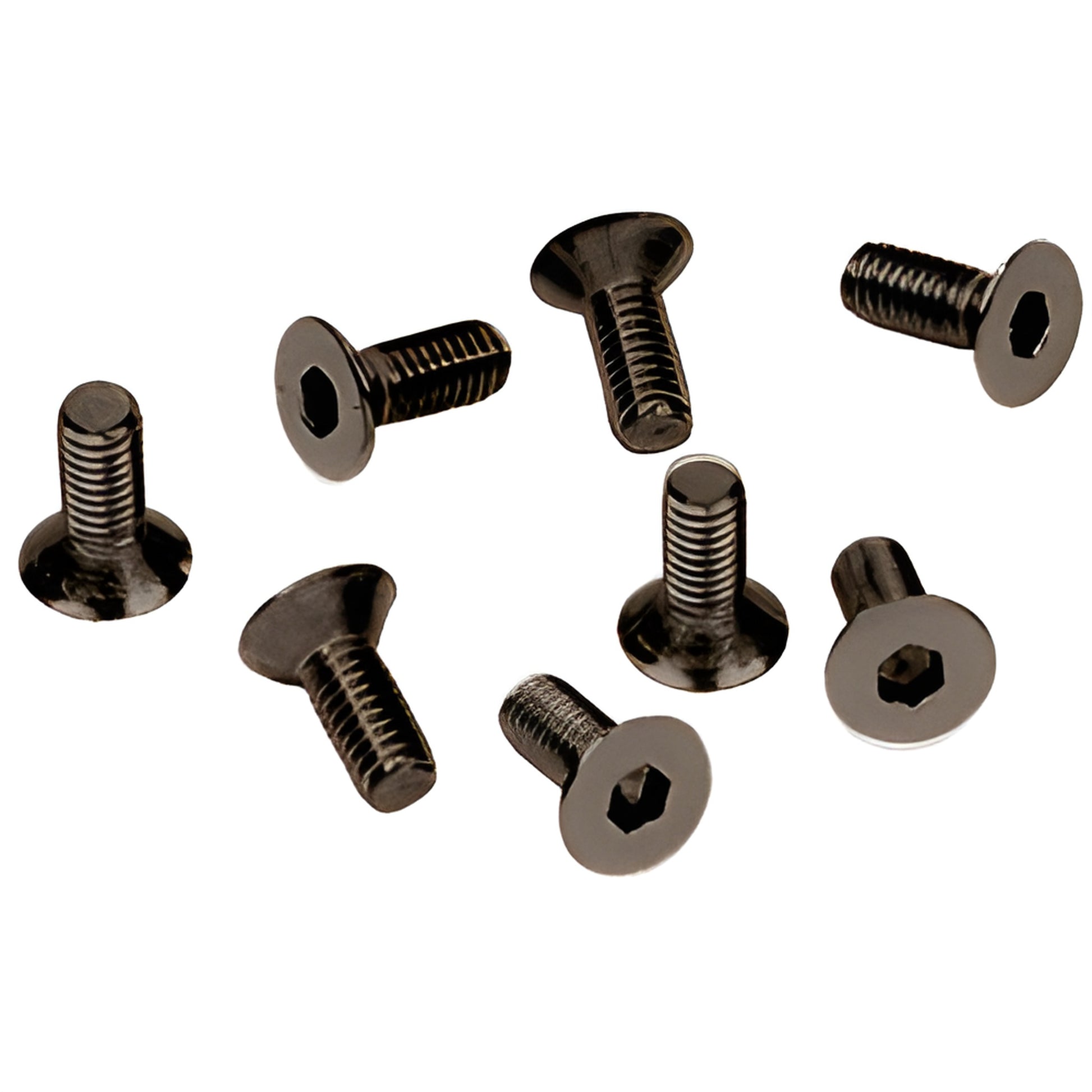 Eight oil-rubbed bronze M6 6x12mm flat-head hex screws (A6120RB) for shower door hinge cover plates.