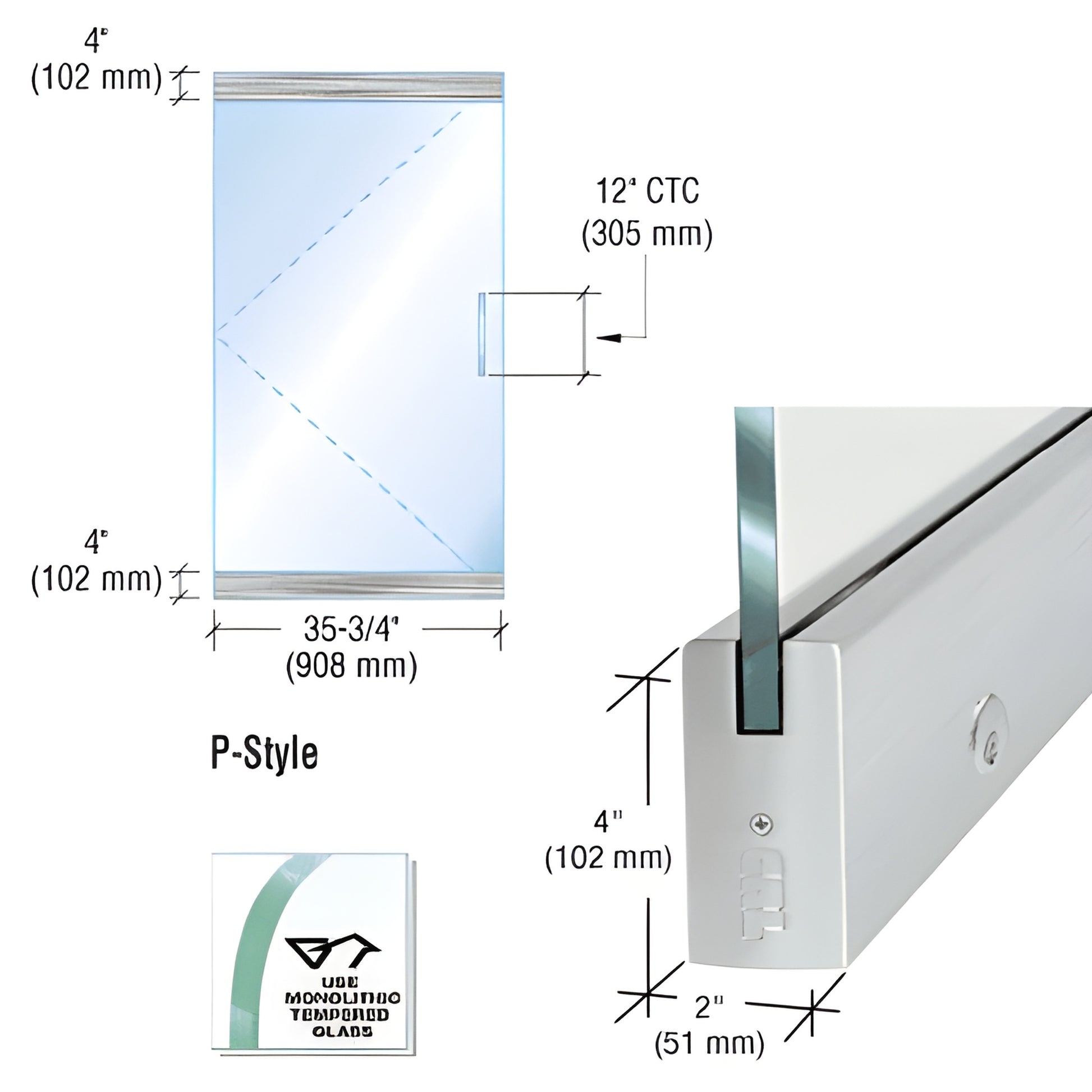 P4BS12SL P-style frameless glass door kit, brushed stainless steel dry-glaze rails for 1/2" (12mm) tempered glass