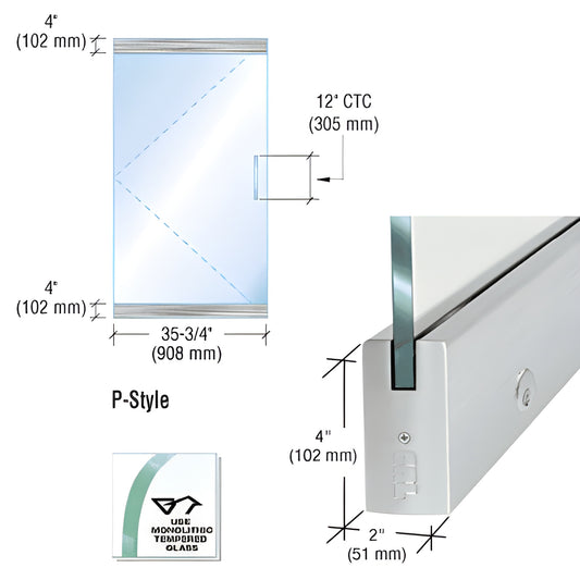 P4BS12SL P-style frameless glass door kit, brushed stainless steel dry-glaze rails for 1/2" (12mm) tempered glass