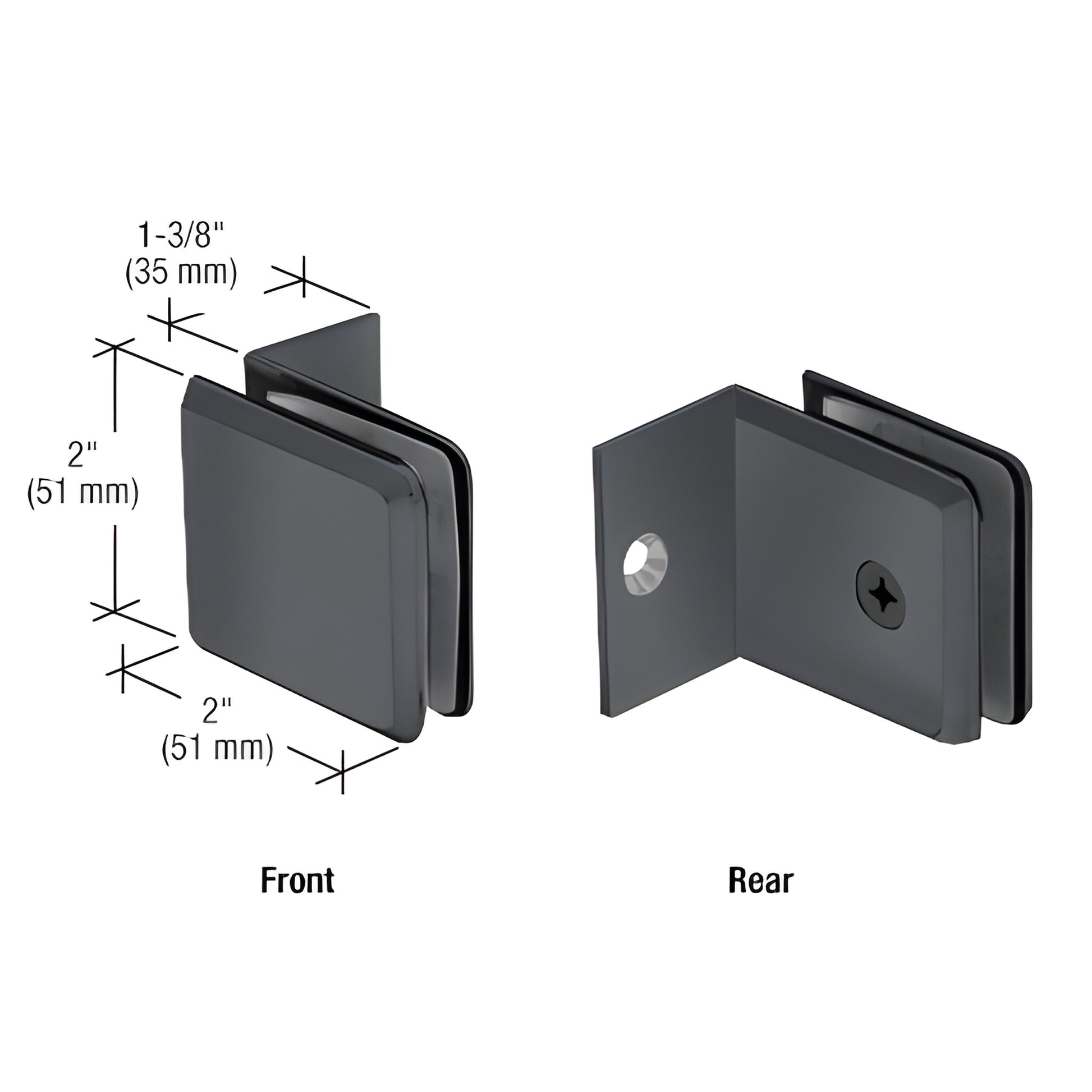 Matte black brass beveled fixed-panel clamp BGC037MBL with small 90 leg, for 10-12mm (3/8-1/2") tempered glass, 2"x2"