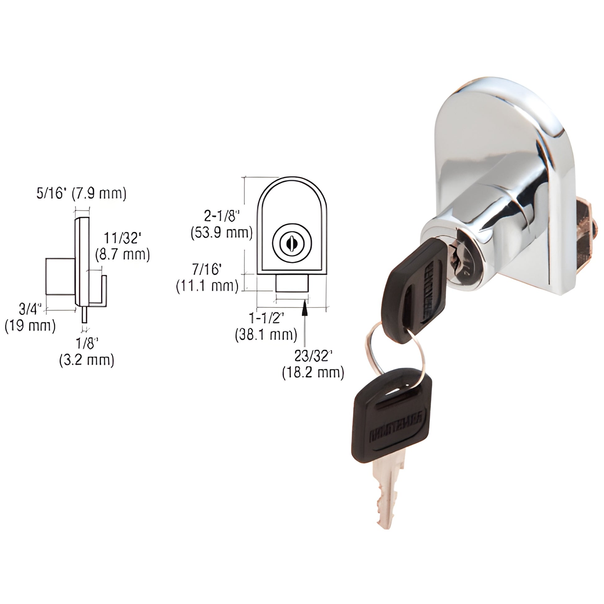 LK10 polished chrome no drill glass cabinet lock with two keys, fits up to 1/4" (6 mm) glass.
