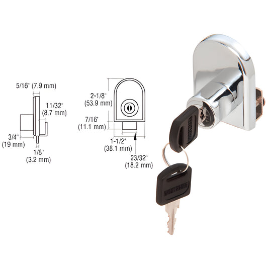 LK10 polished chrome no drill glass cabinet lock with two keys, fits up to 1/4" (6 mm) glass.
